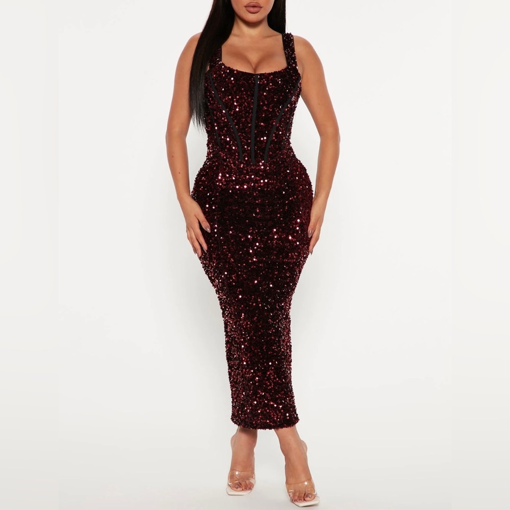 Sultry Velvet Sequin Midi Dress - Burgundy - Holiday - Wedding guest